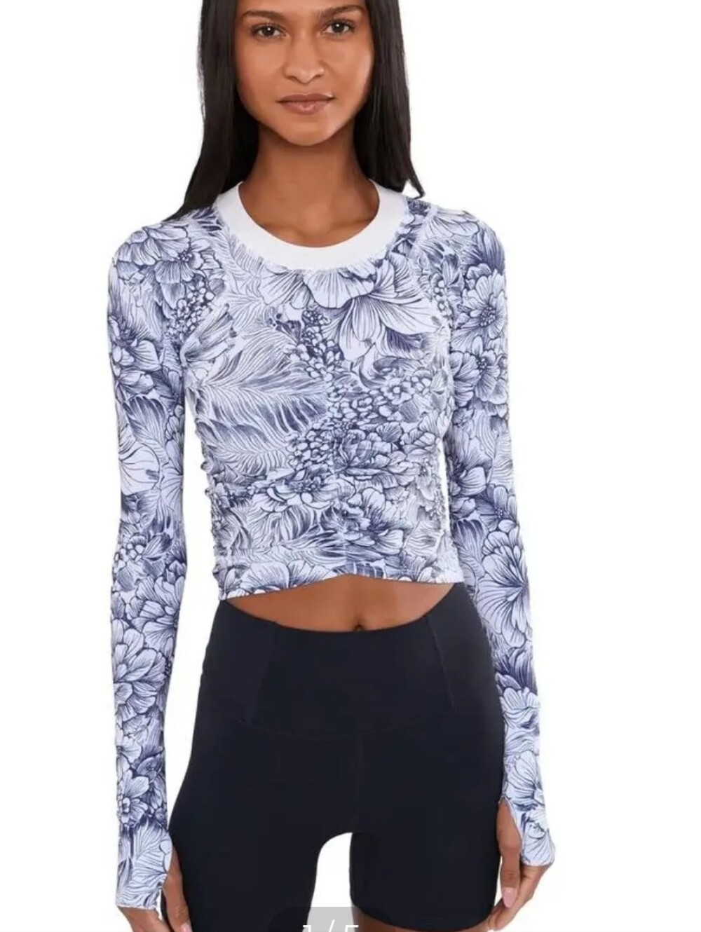 Free People FP Movement Tempo Ruched Long Sleeve Top Logo Print Blue White Med